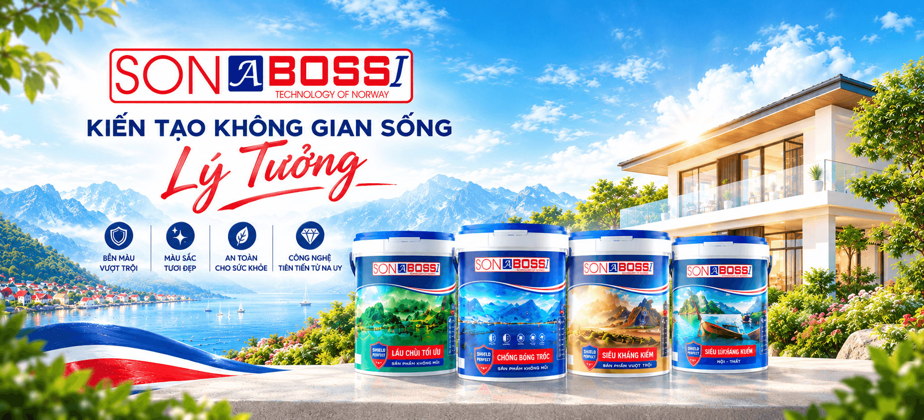Banner ABOSSI với các nhóm sơn nội thất, ngoại thất và chống thấm